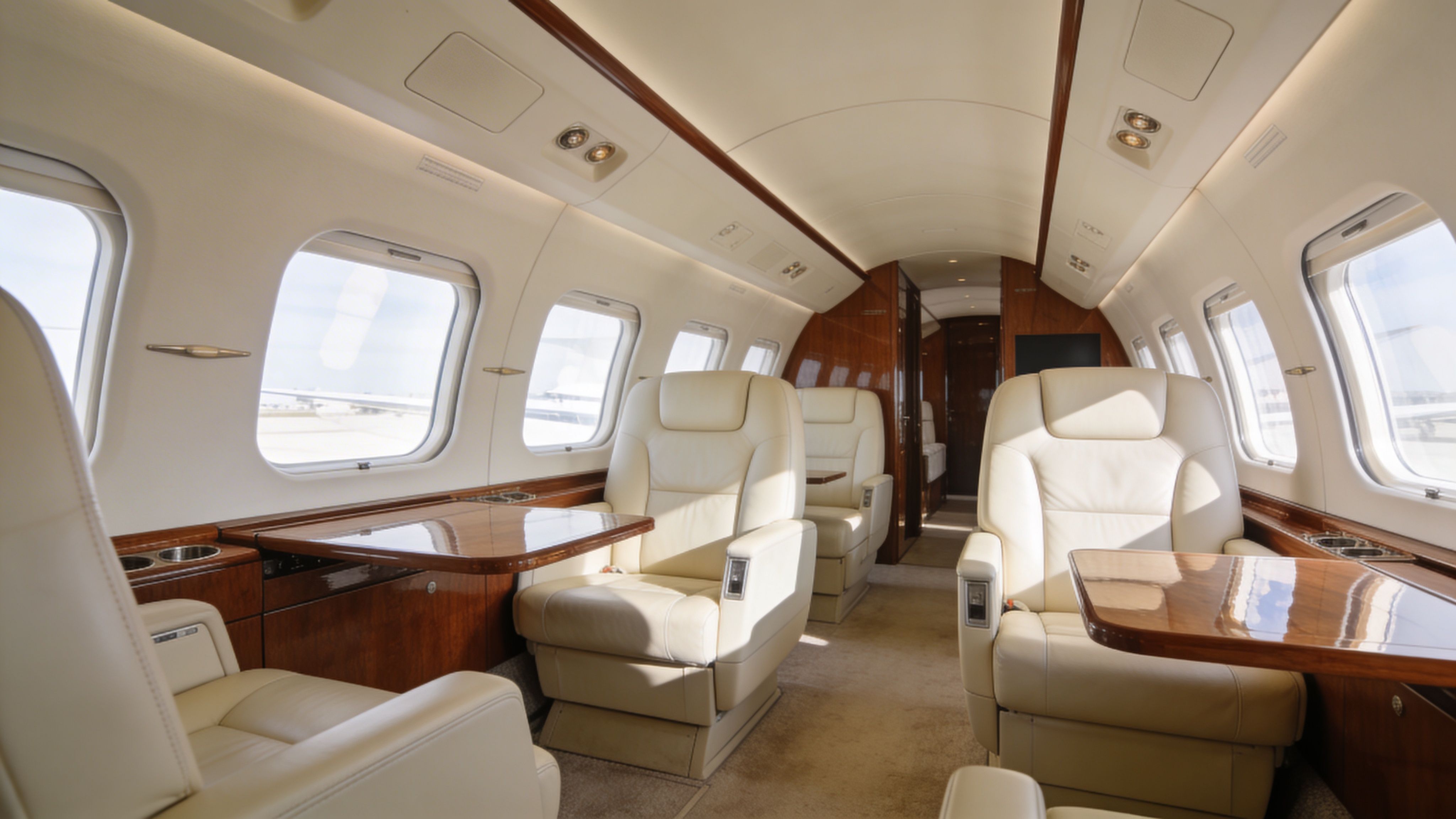 Luxurious beige leather interior of a private jet cabin featuring comfortable seats and polished wooden tables.