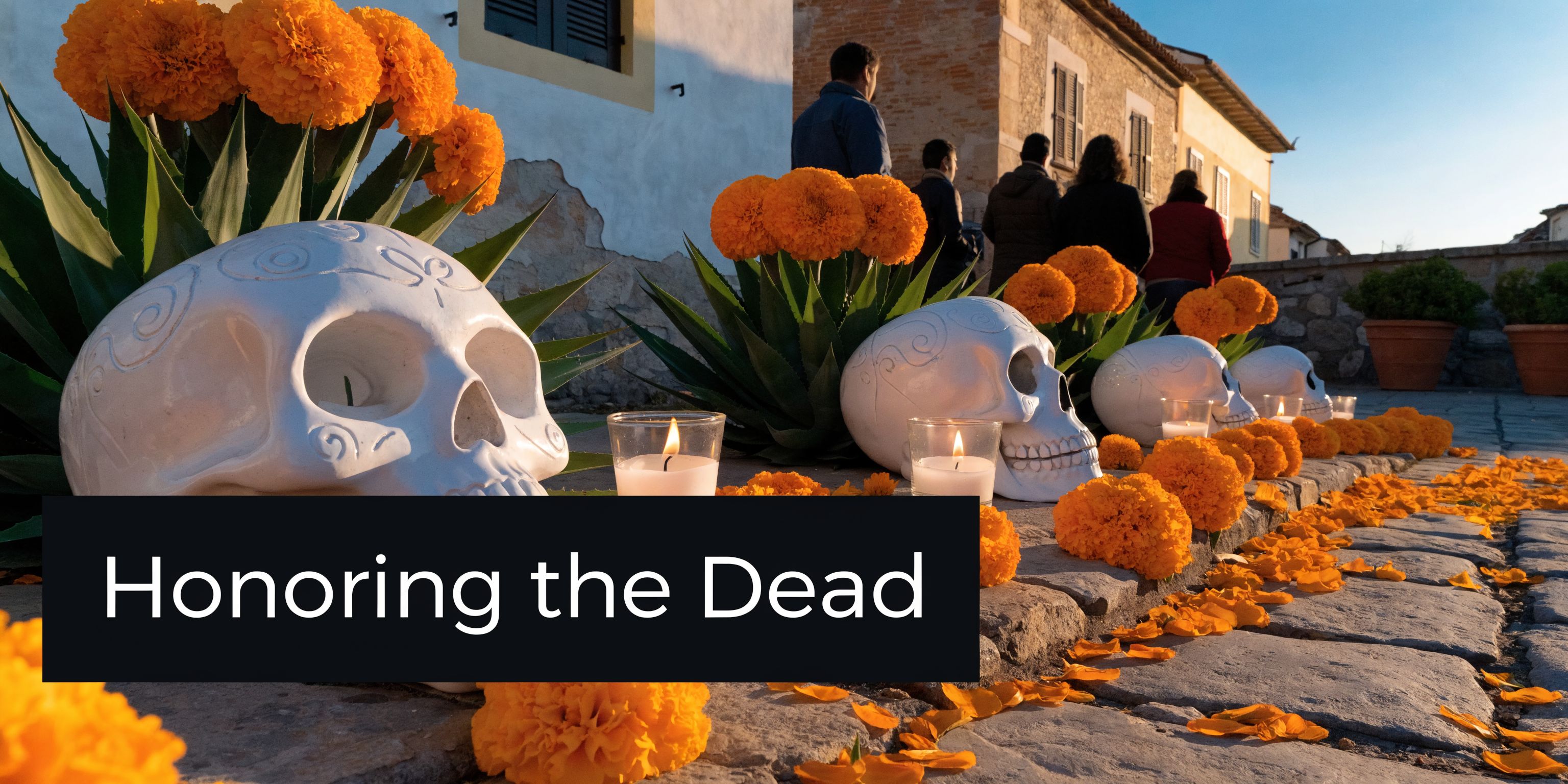 A line of decorative sugar skulls and bright orange marigolds displayed during a Dia de los Muertos celebration — Latin American festivals guide | HauteBlack