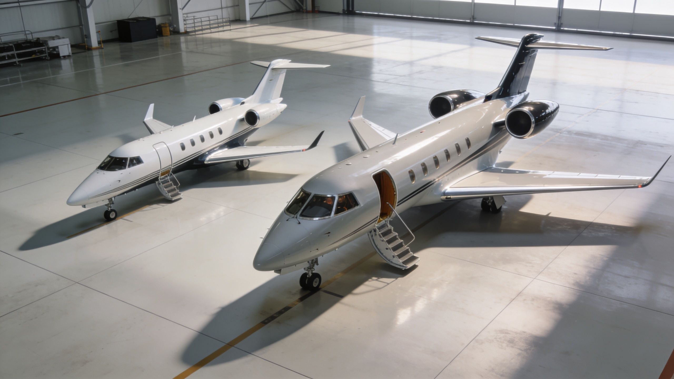 Two modern private business jets parked side by side inside a spacious aircraft hangar facility.