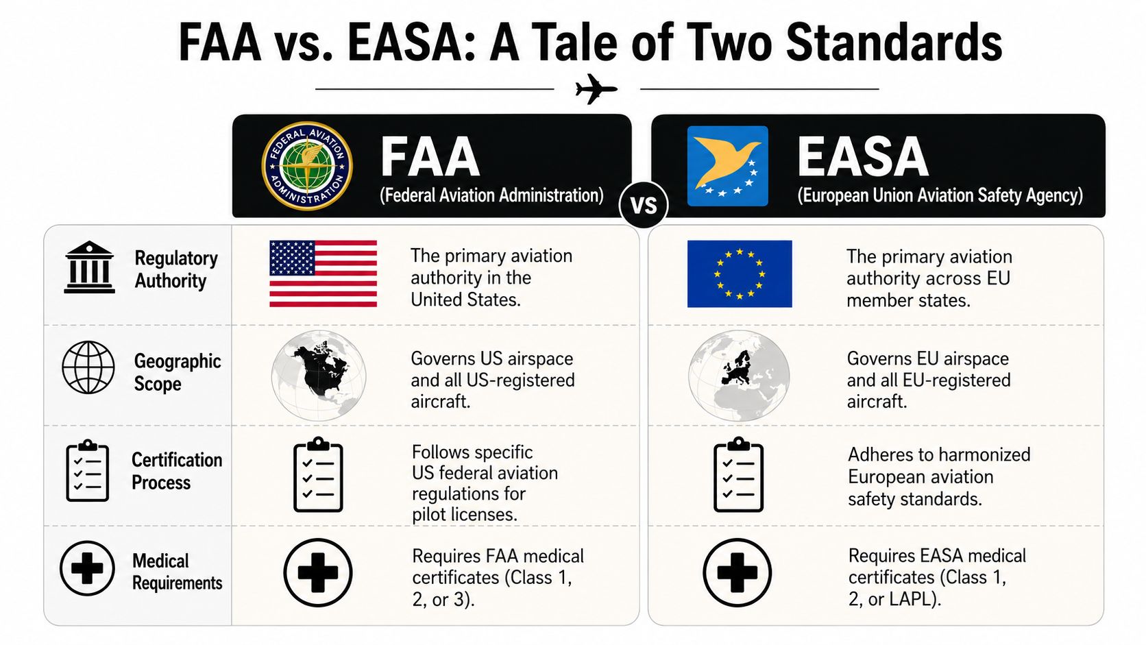 A comparison chart outlining the key differences between the FAA aviation authority in the US and EASA in Europe.