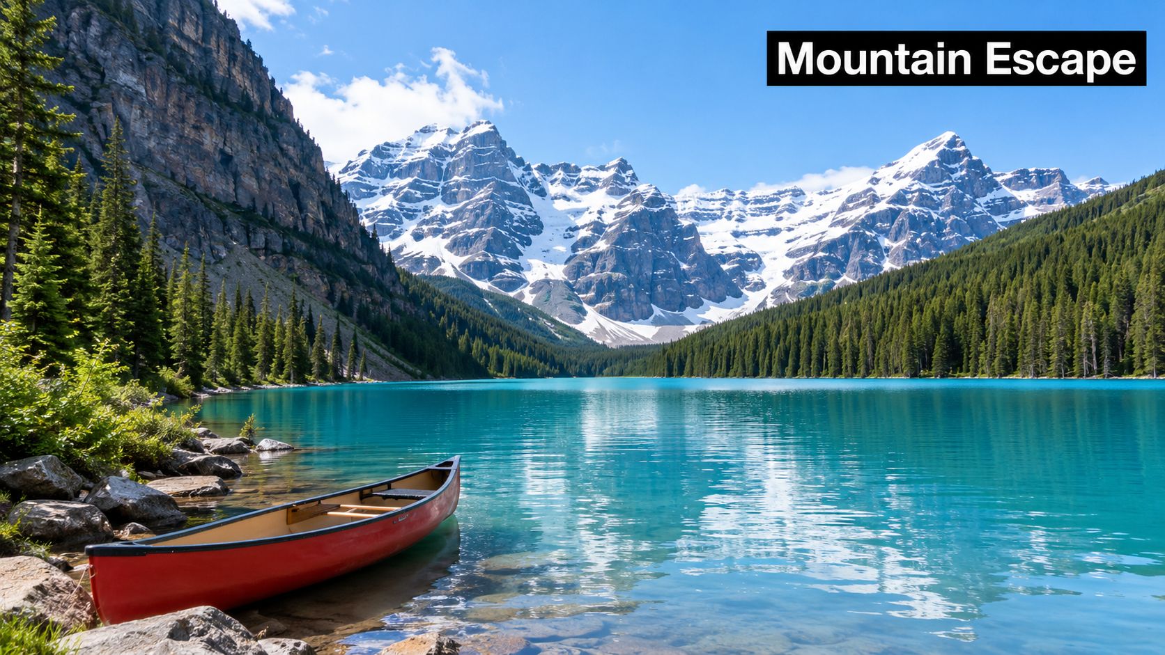 A vibrant red canoe rests on the shore of a stunning turquoise alpine lake under snowy mountains.