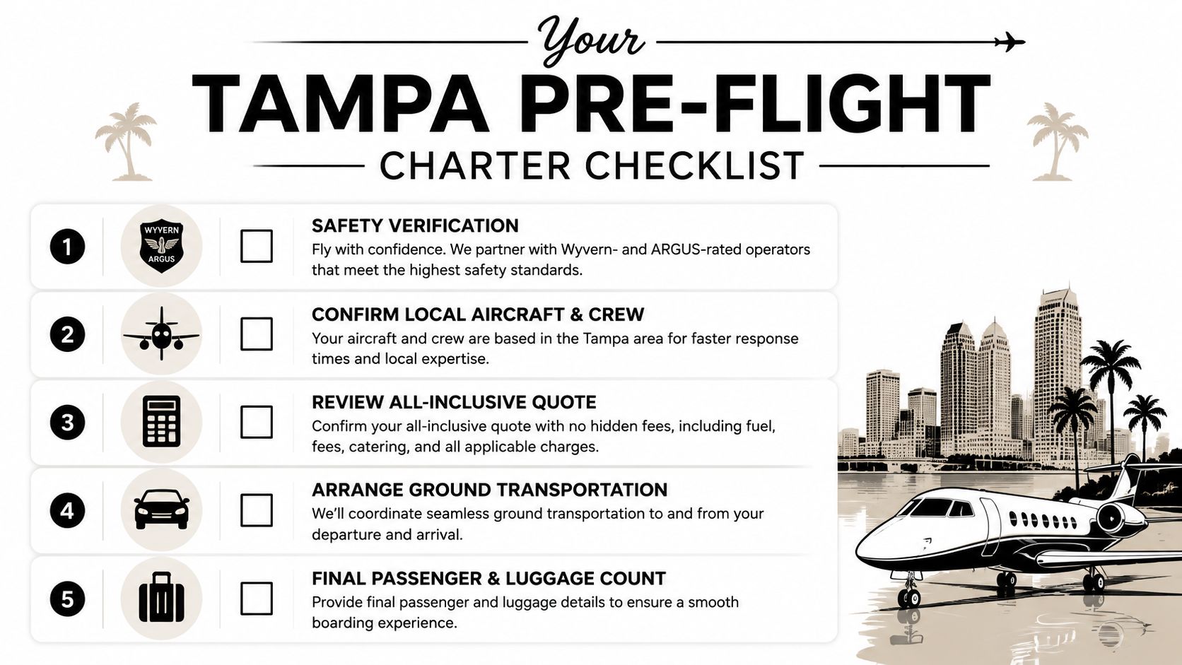 A checklist titled Tampa Pre-Flight Charter Checklist outlining five essential steps for booking a private flight.