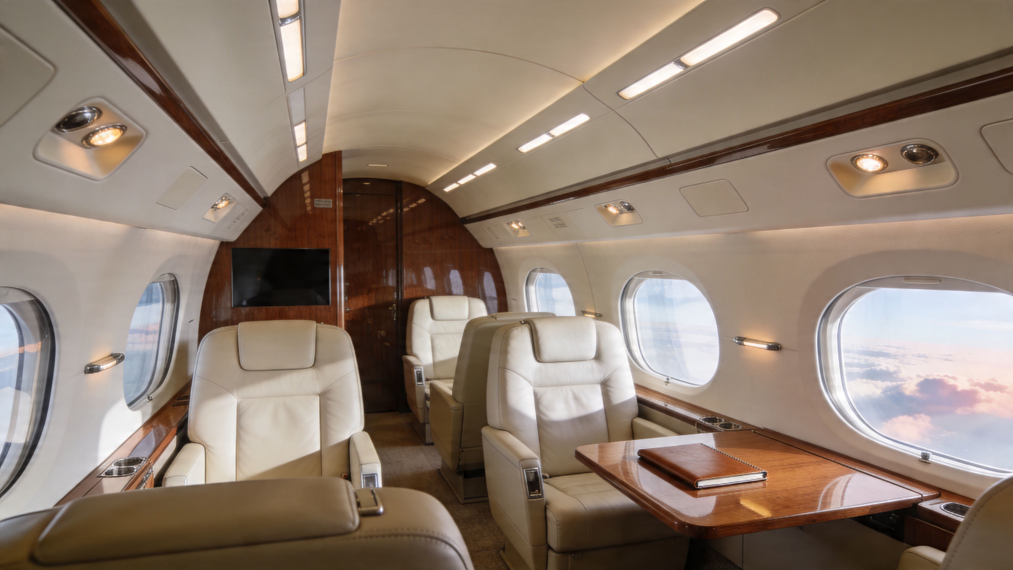 A luxurious and modern private jet cabin interior featuring comfortable cream leather seats and wooden side tables.