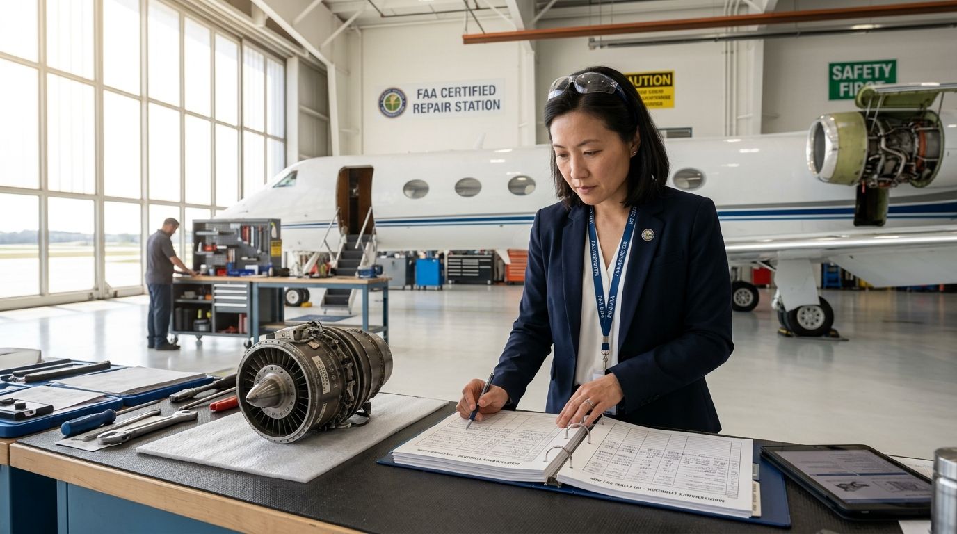 An aviation inspector reviews maintenance records while standing beside an aircraft engine component in a hangar.