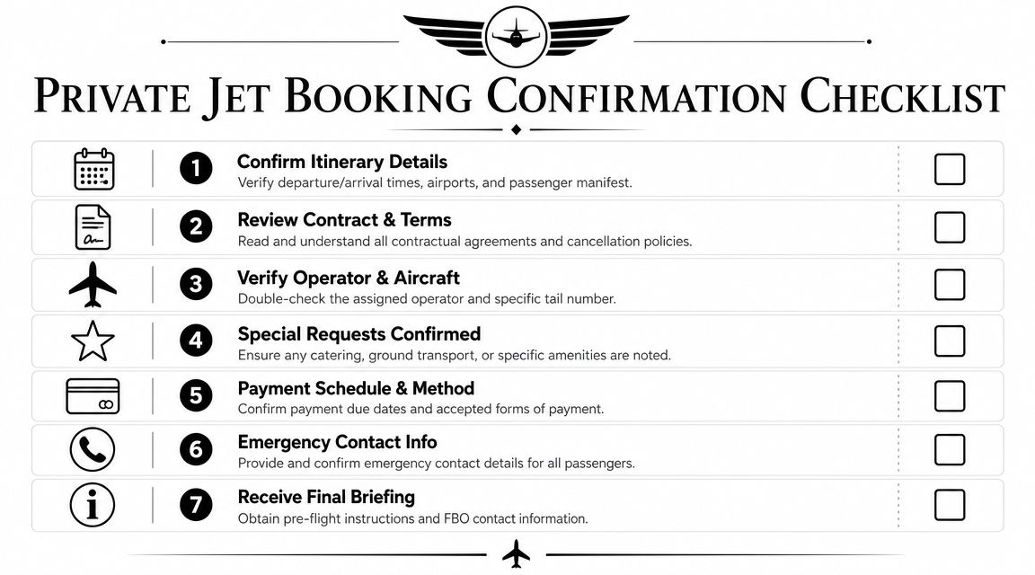 A checklist for booking a private jet, outlining seven essential steps for a smooth travel experience.