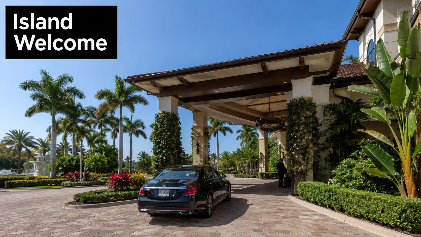 A luxurious black Mercedes sedan parked under a grand covered entrance of a tropical island resort hotel.