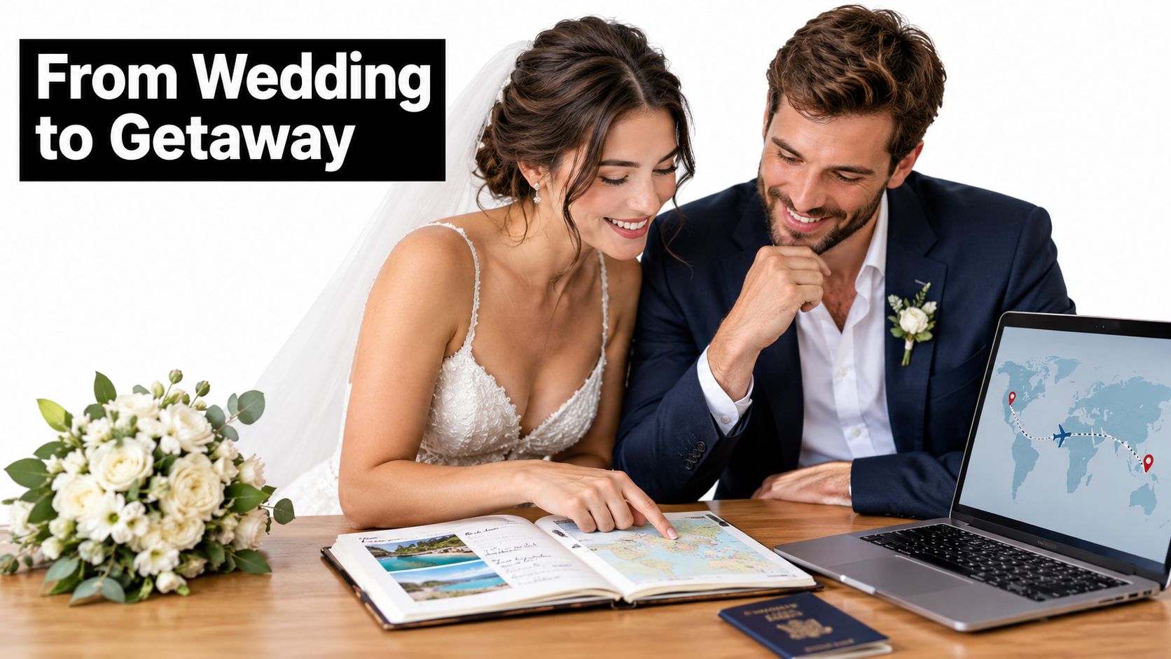 A smiling bride and groom planning their romantic honeymoon trip using a map and laptop together.