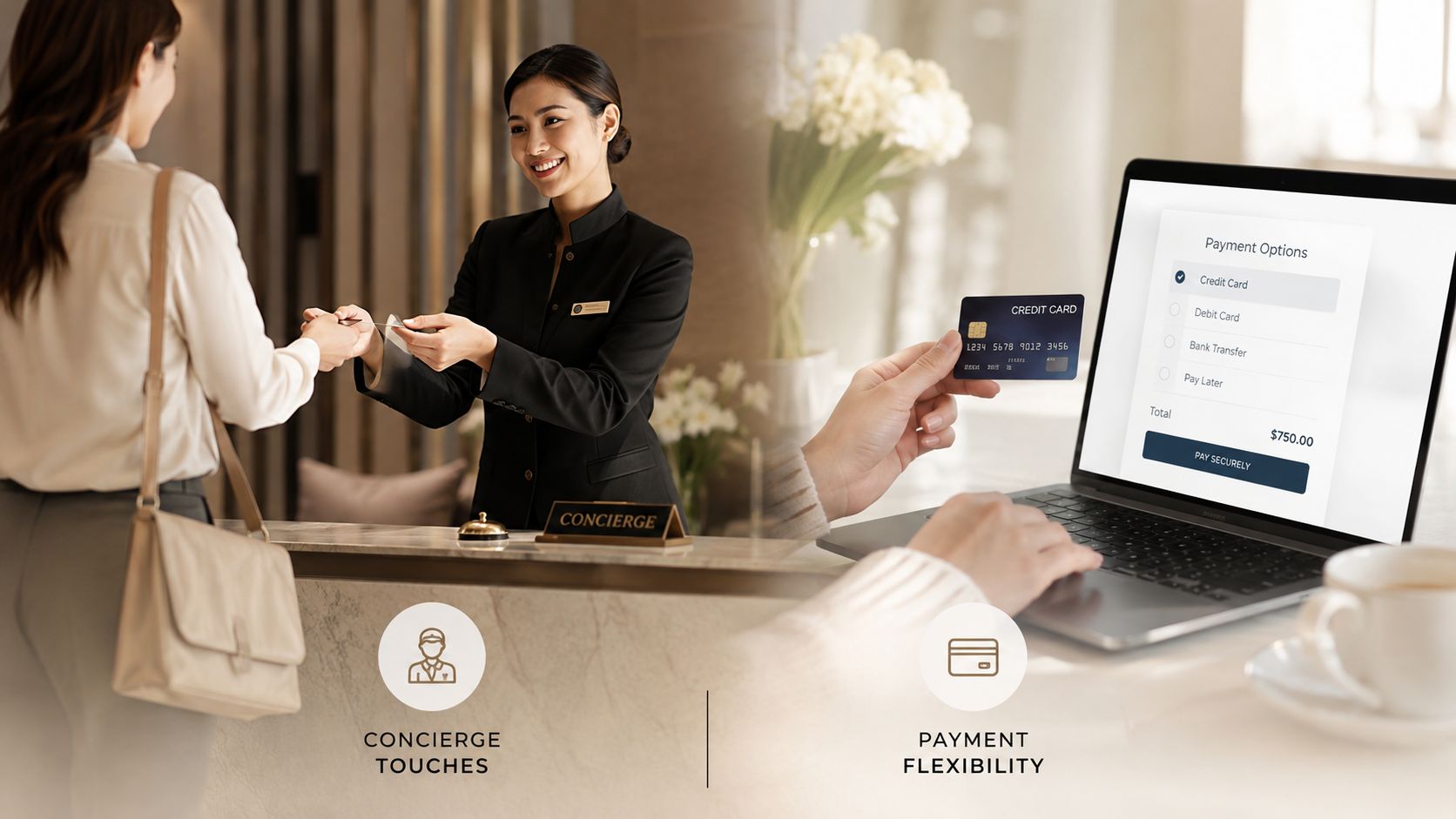 A hotel concierge interacting with a guest alongside a laptop screen showcasing digital payment method options.