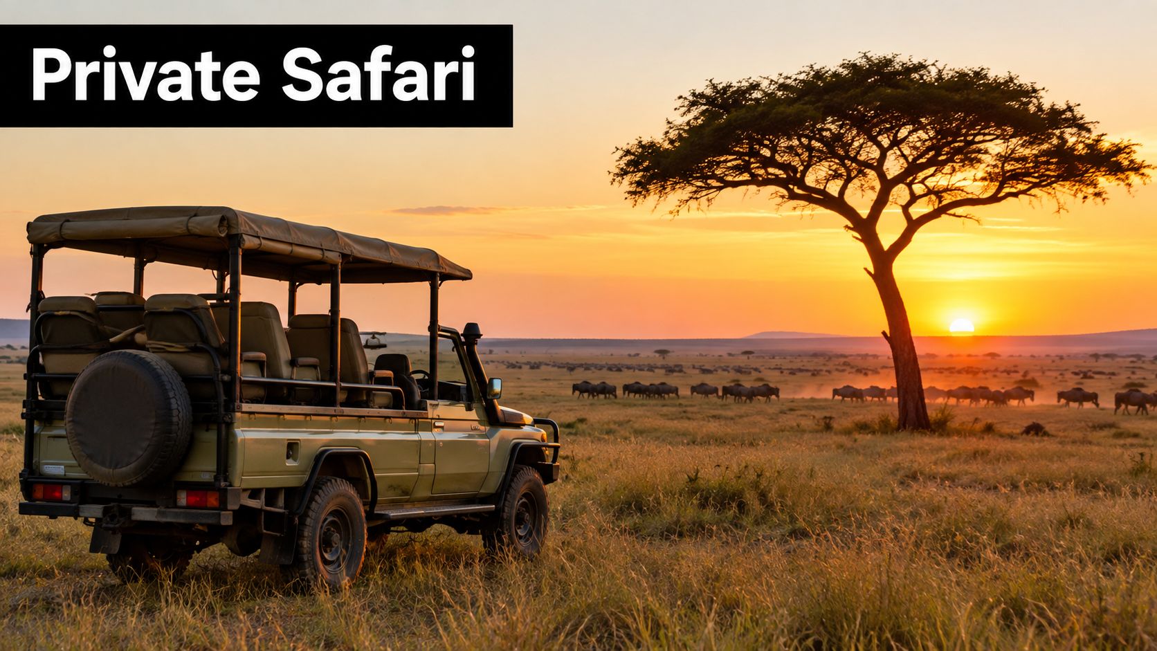 A green open-air safari vehicle parked in the savanna during a beautiful sunset with wildlife roaming nearby.