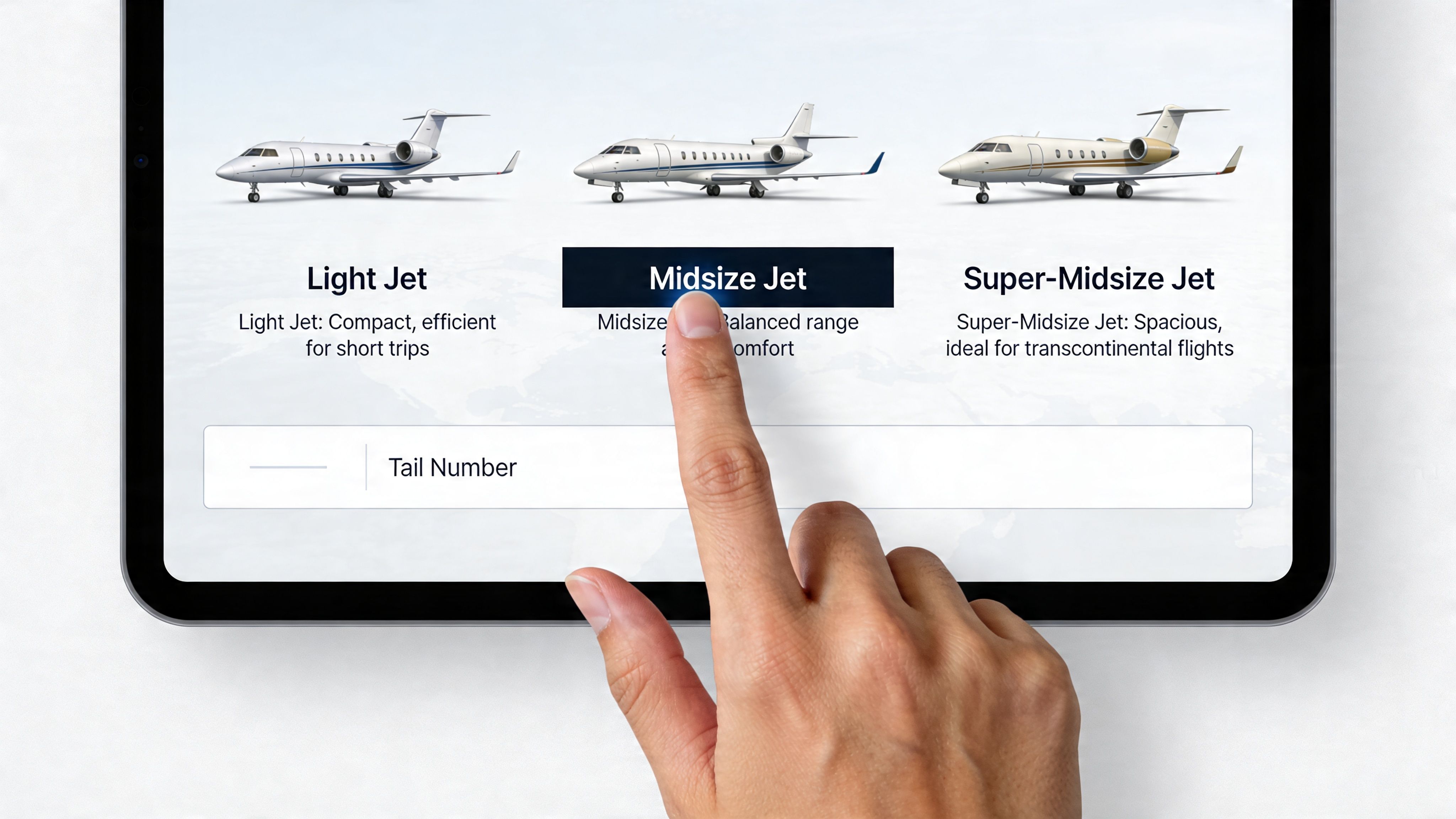 A hand selecting a midsize jet category on a tablet screen for private aviation services.