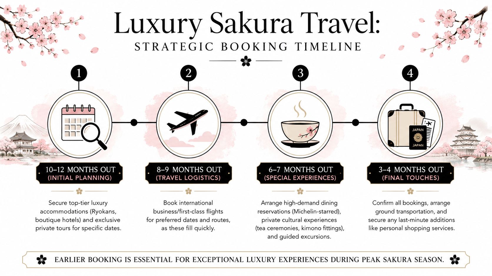 A strategic timeline infographic for luxury travel planning during Japan's peak cherry blossom season.