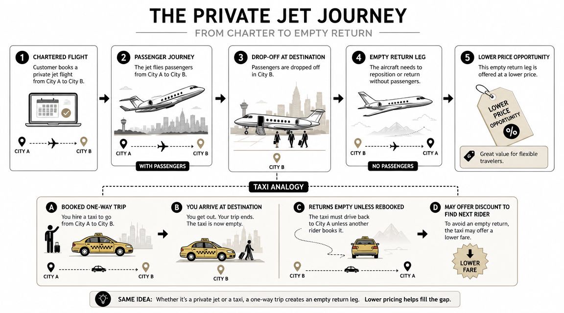 An infographic explaining the concept of empty leg flights compared to the analogy of a taxi journey.