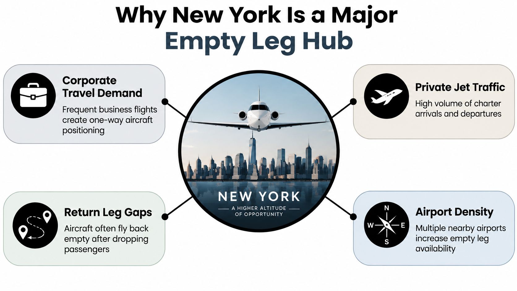 An infographic explaining why New York is a major hub for empty leg private jet flights.