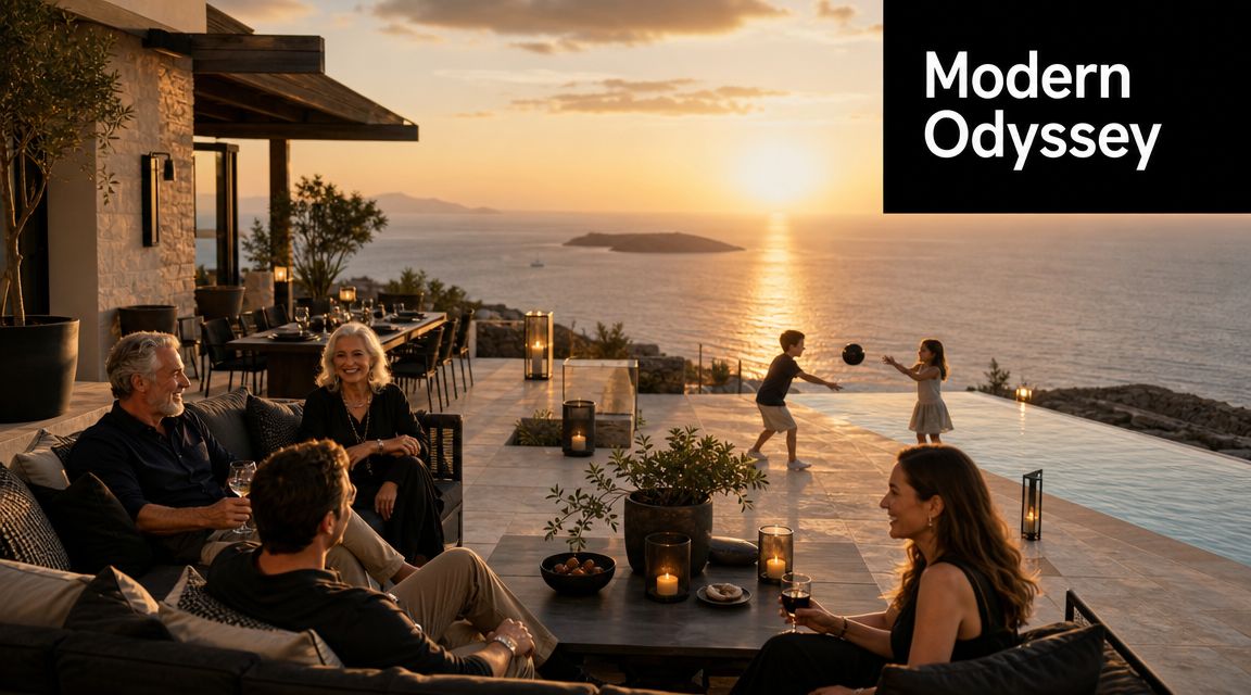 A multi-generational family relaxing on a luxury patio overlooking the sea during a golden Greek sunset.