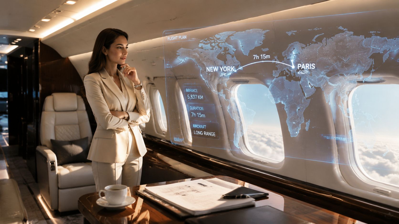 A professional woman in a suit looks at a digital flight map inside a luxurious private jet.