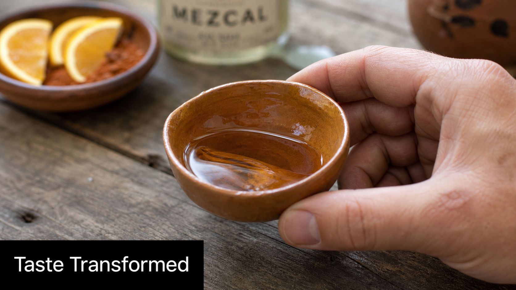 A hand holding a small clay cup filled with mezcal next to orange slices on a wooden table.