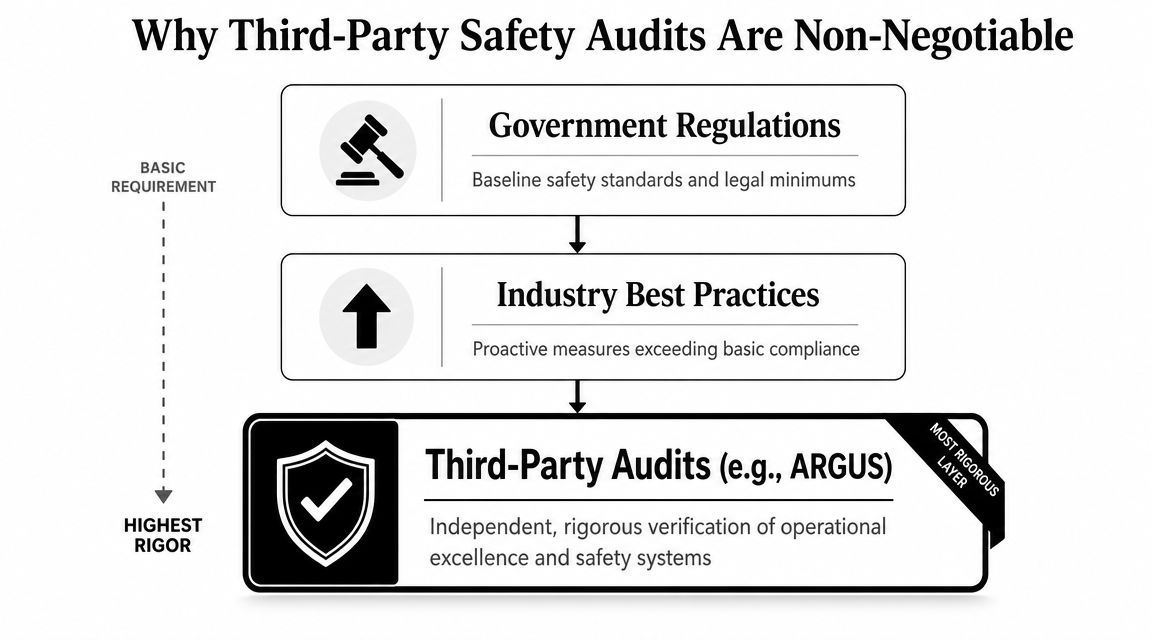 A diagram illustrating the hierarchy of safety standards from government regulations to rigorous third-party audits.