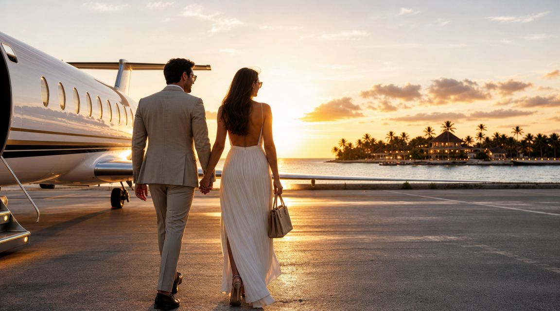 A couple in formal wear walks hand in hand toward a private jet during a sunset.