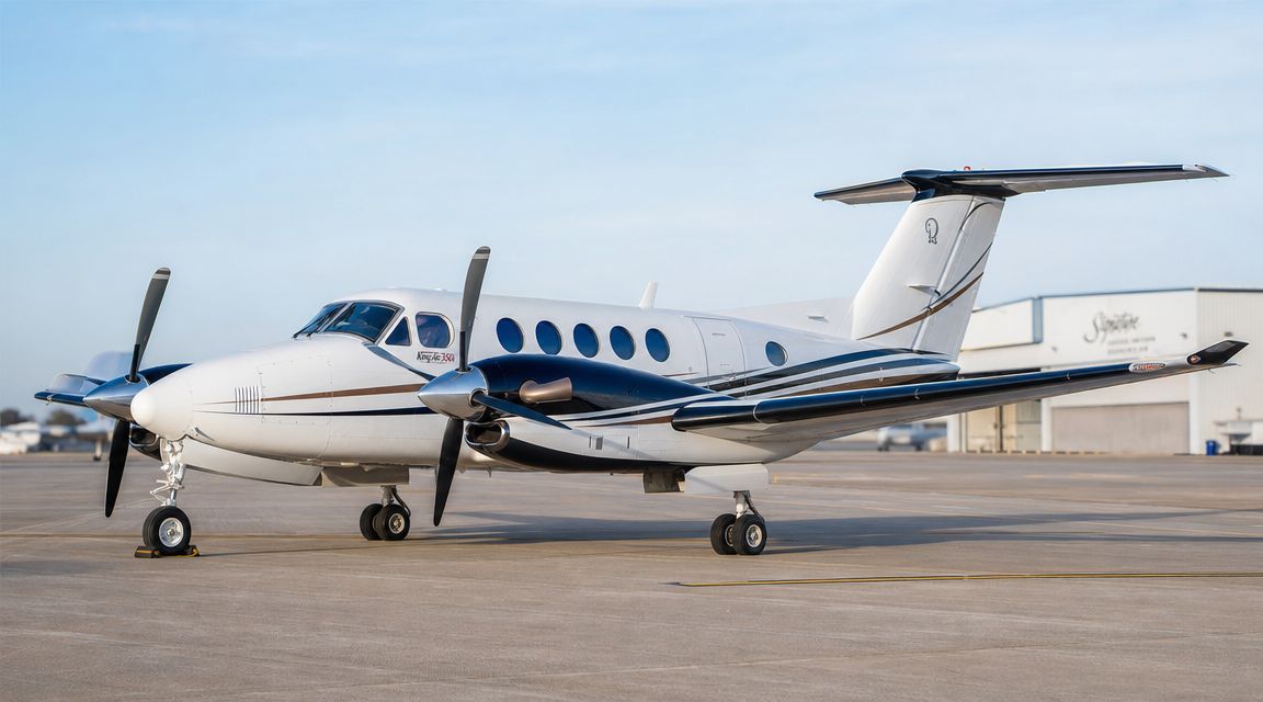 A twin-engine Beechcraft King Air 350i small propeller aircraft parked on a concrete tarmac during the day.