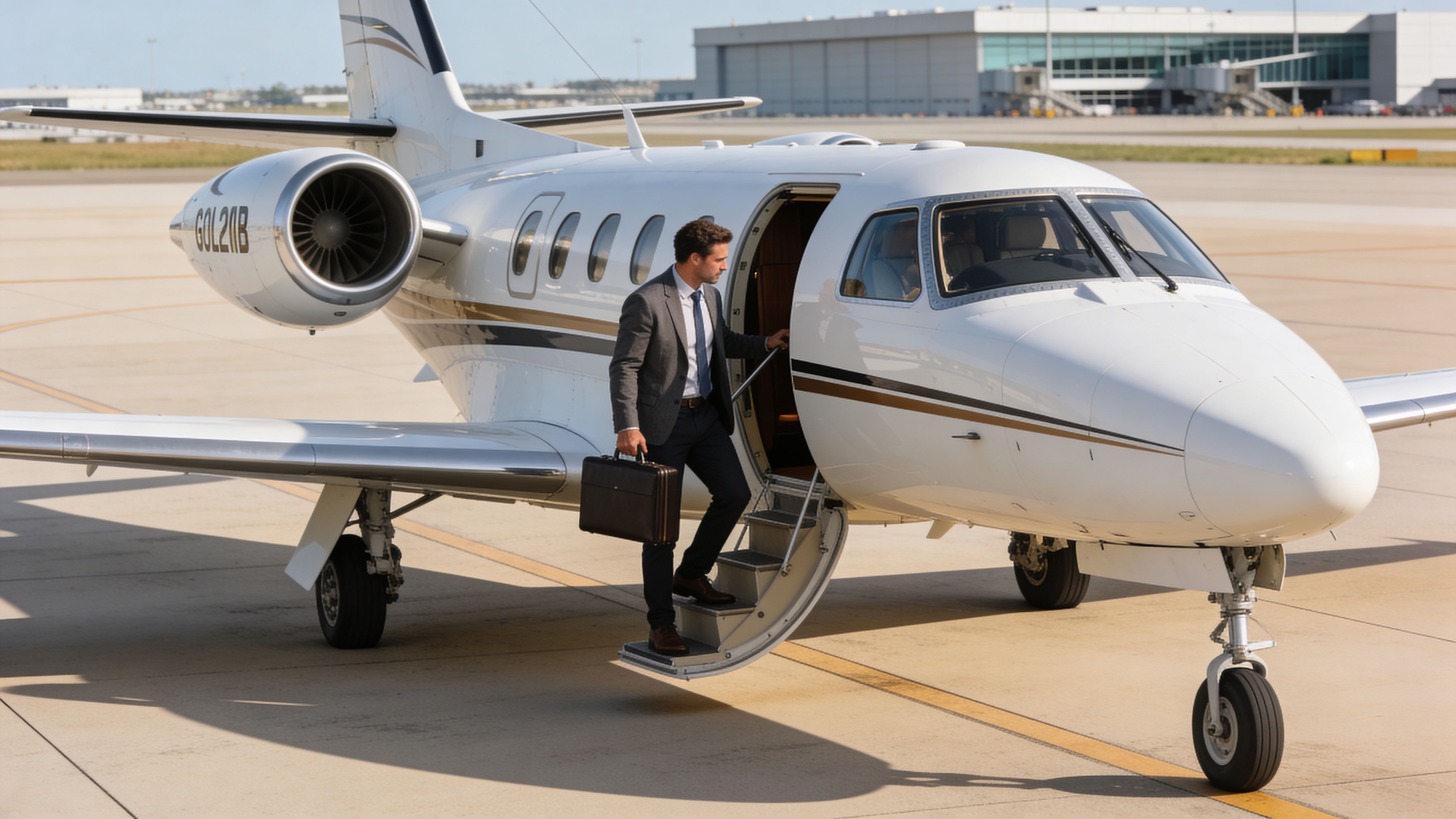 A professional man in a suit steps off a private jet onto the airport tarmac holding a briefcase.