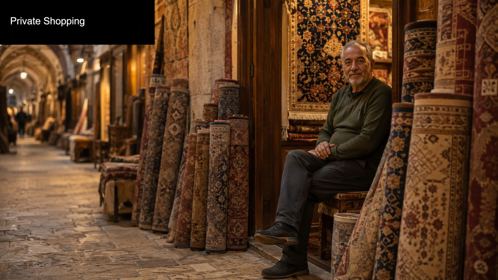 A friendly shopkeeper sitting amidst colorful, intricately patterned rolled carpets inside a historic Turkish bazaar in Istanbul.