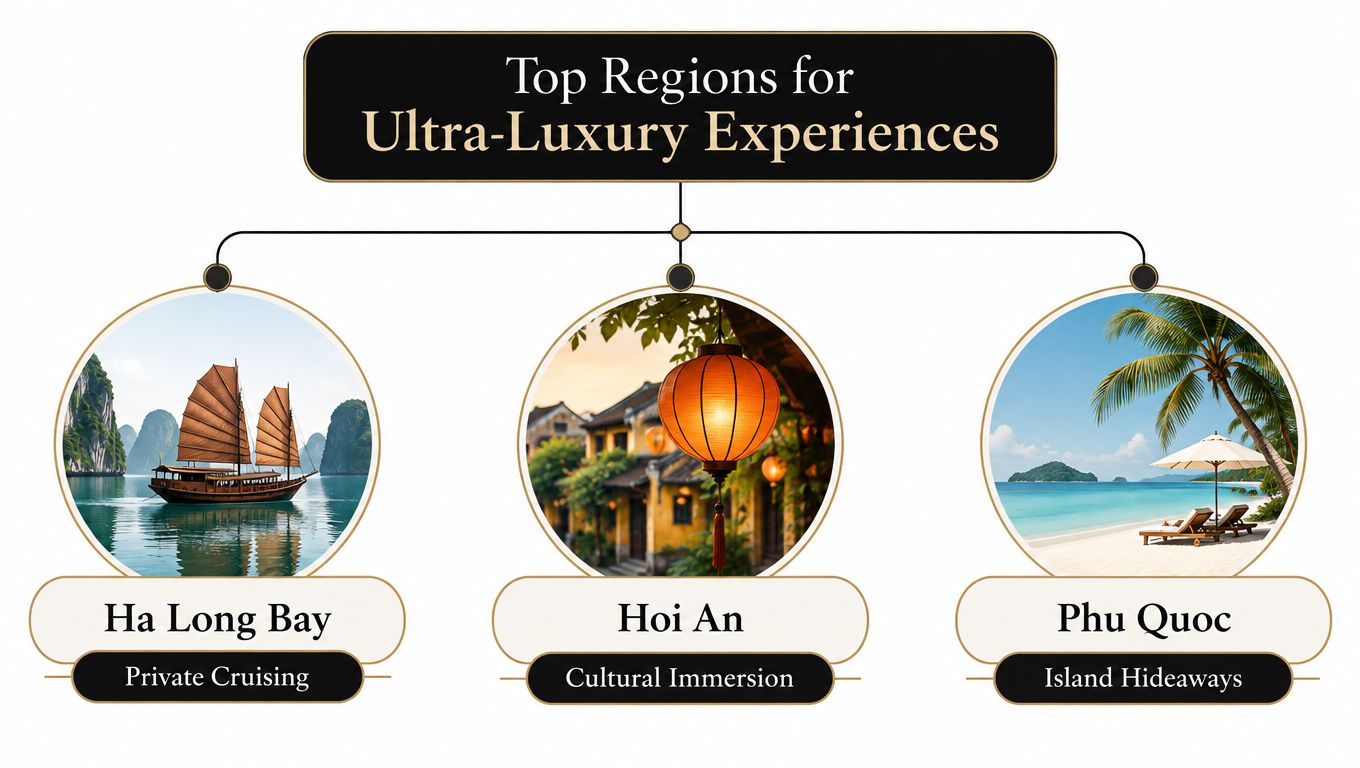 An infographic showcasing three top regions in Vietnam for ultra-luxury travel experiences including cruising and relaxation.