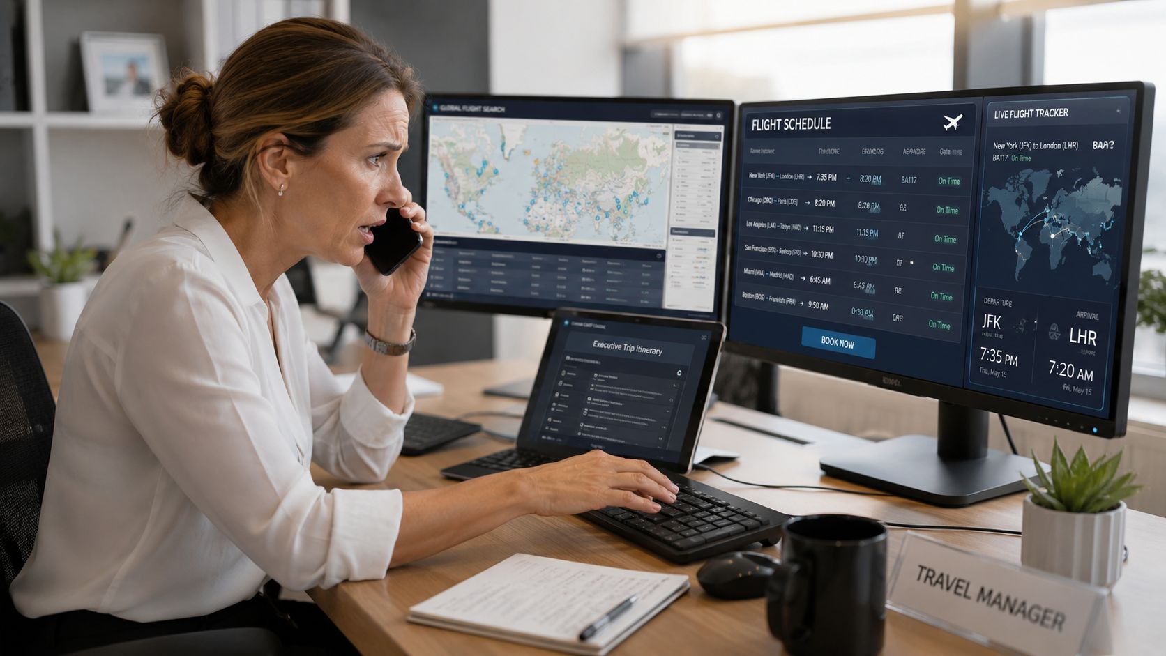 A travel manager looking stressed while on a phone call at her desk with multiple flight monitors.
