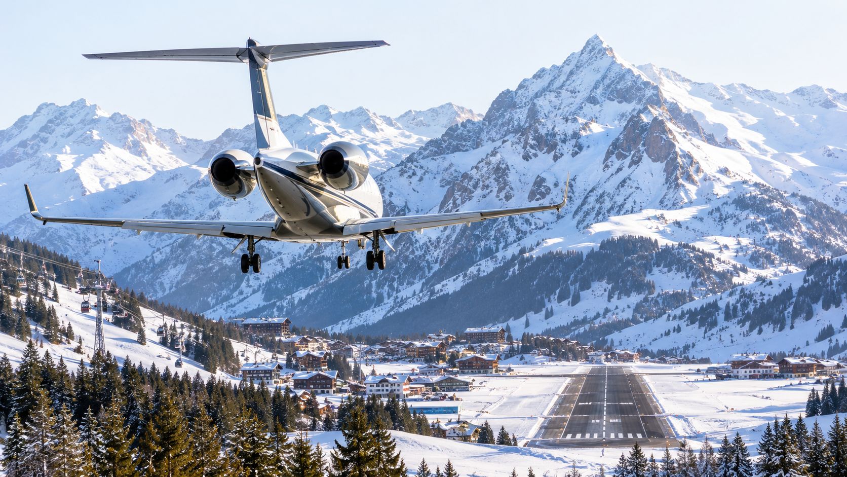 A private jet flying low over a snow-covered mountain village towards an airport runway for landing.