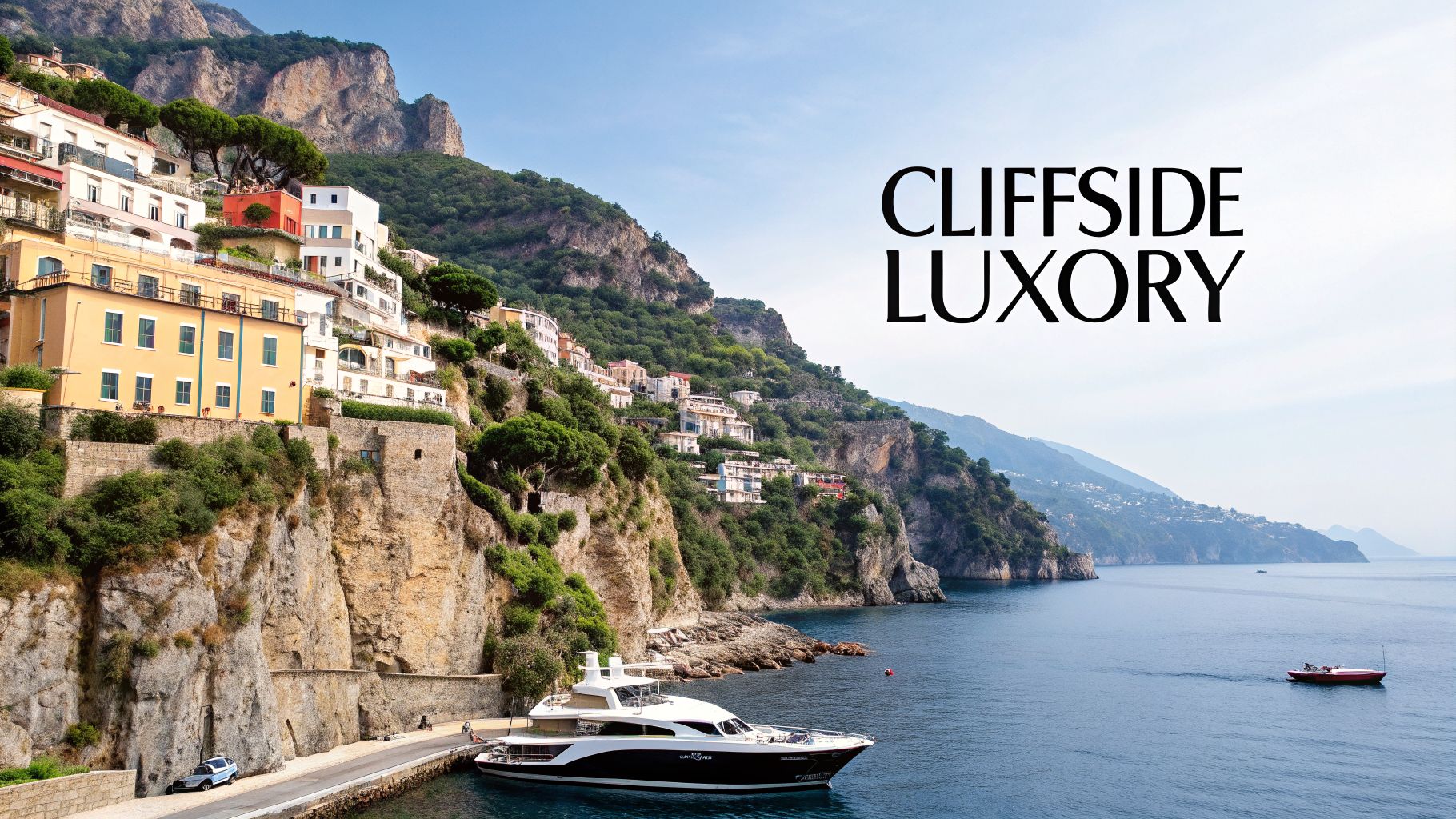 A scenic view of a beautiful cliffside town with colorful buildings, a luxury yacht, and the calm sea.