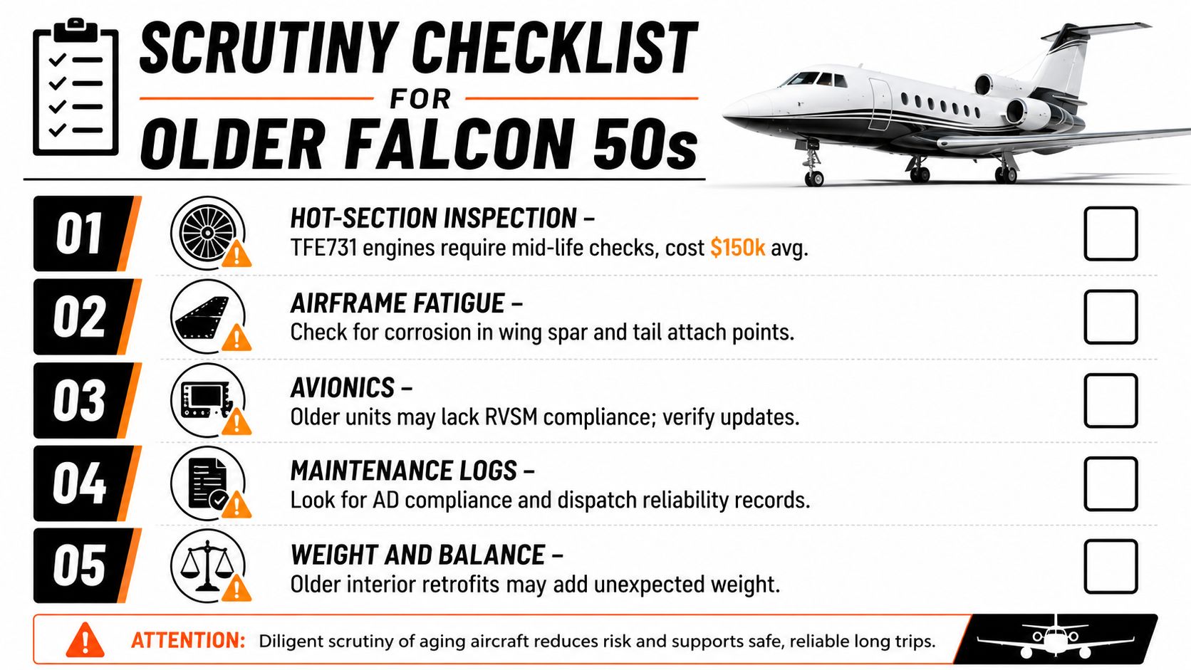A scrutiny checklist infographic for older Falcon 50 jets detailing five essential maintenance and inspection items.