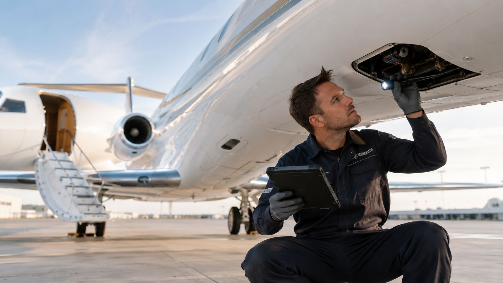 A professional aviation mechanic inspecting the undercarriage of a private jet with a flashlight and tablet.