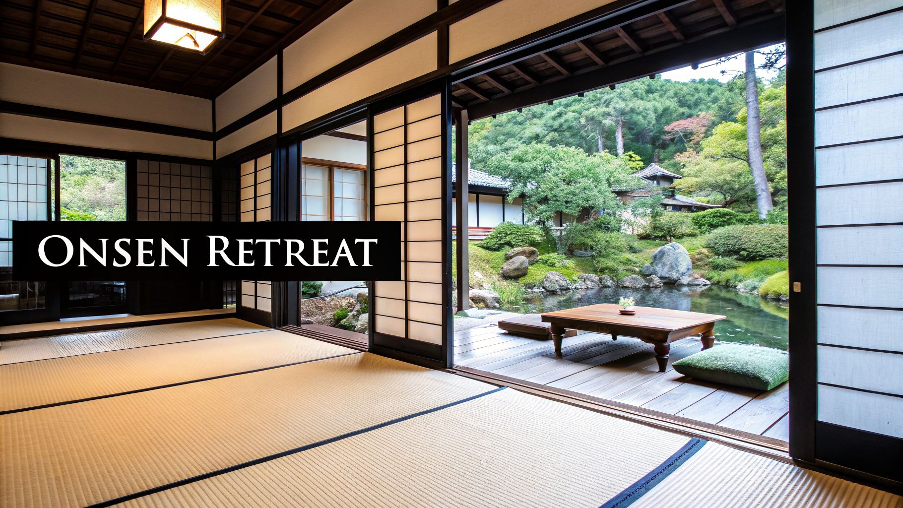 A serene traditional Japanese room with tatami mats opens to a lush garden with a pond and outdoor seating.