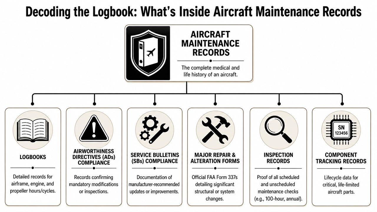 An infographic titled Decoding the Logbook, illustrating the six key components of aircraft maintenance record documentation.