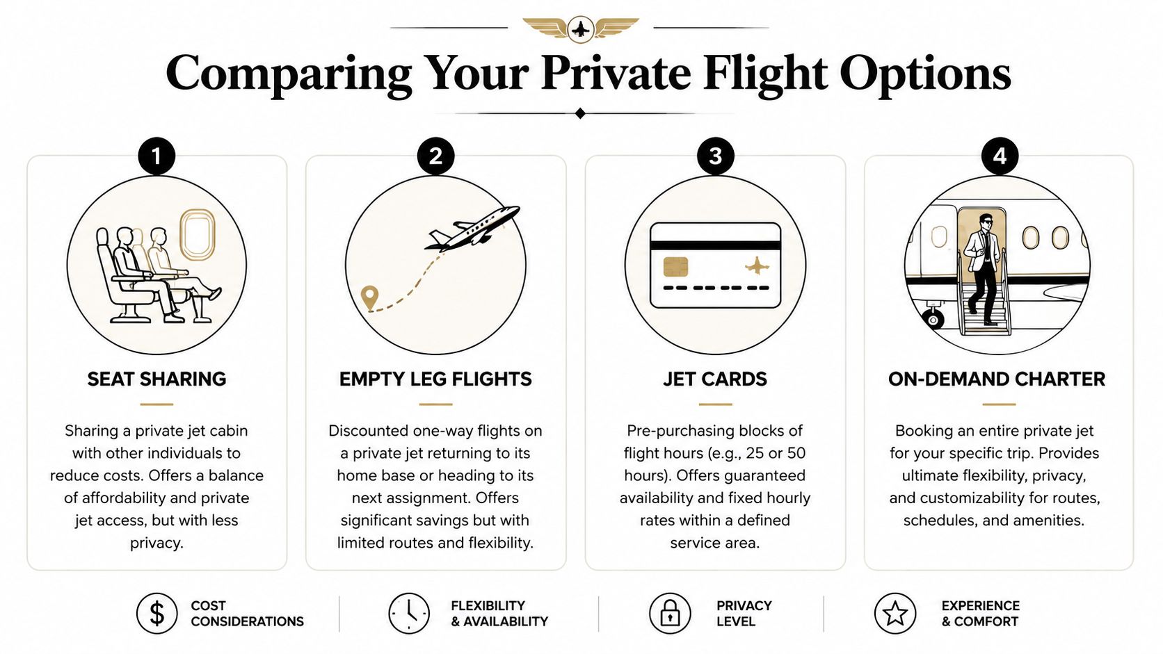 An infographic comparing four different private flight options: seat sharing, empty leg flights, jet cards, and on-demand charter.