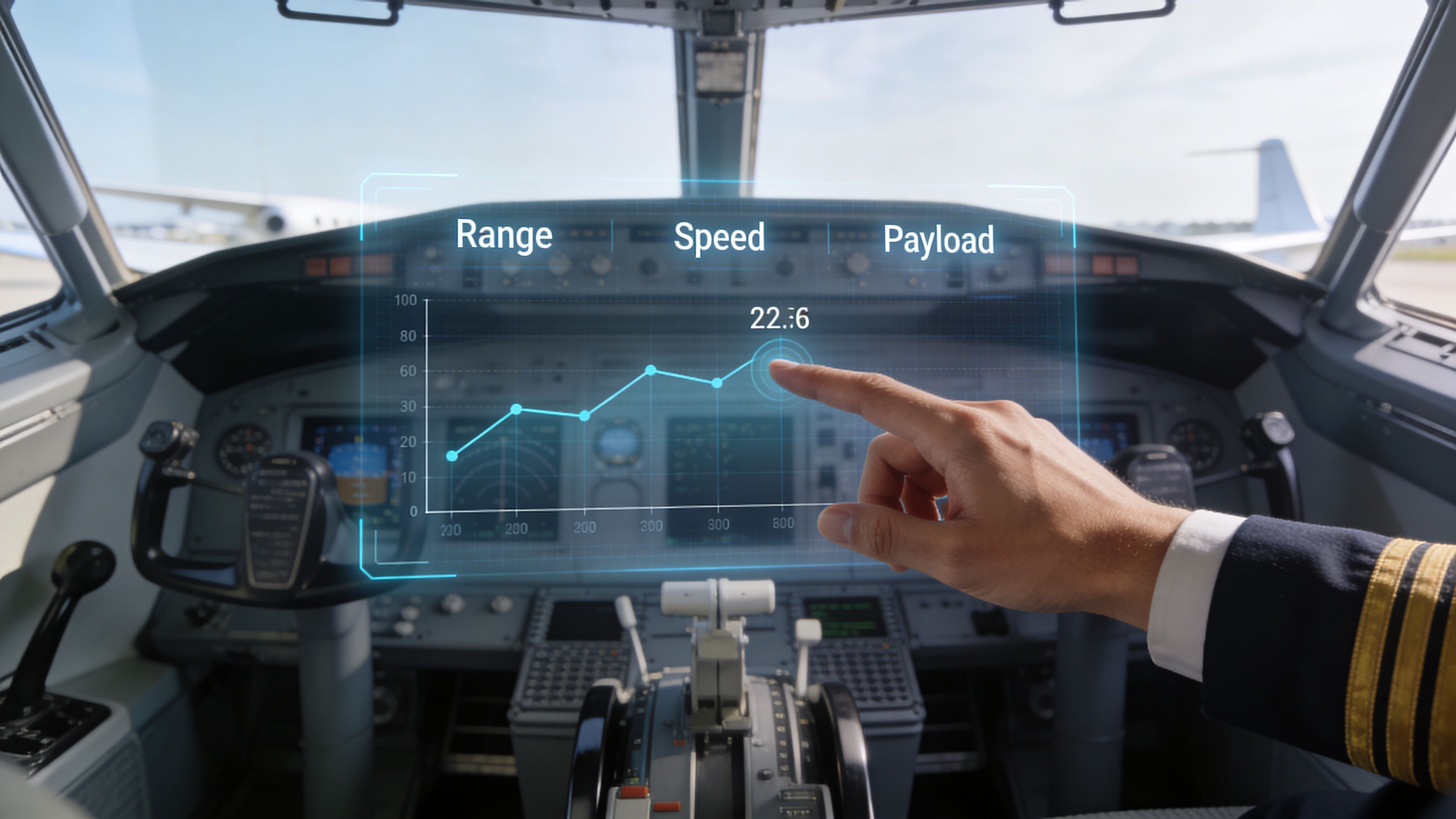 A pilot's hand interacts with a digital holographic flight data interface inside an airplane cockpit.