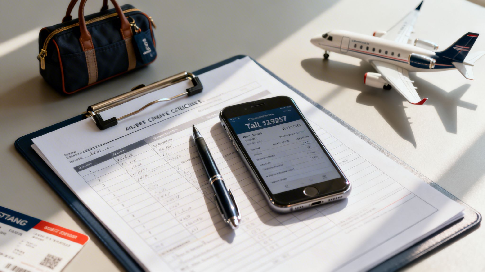 A flat lay of travel essentials, including a smartphone, pen, clipboard, and a small private jet model.