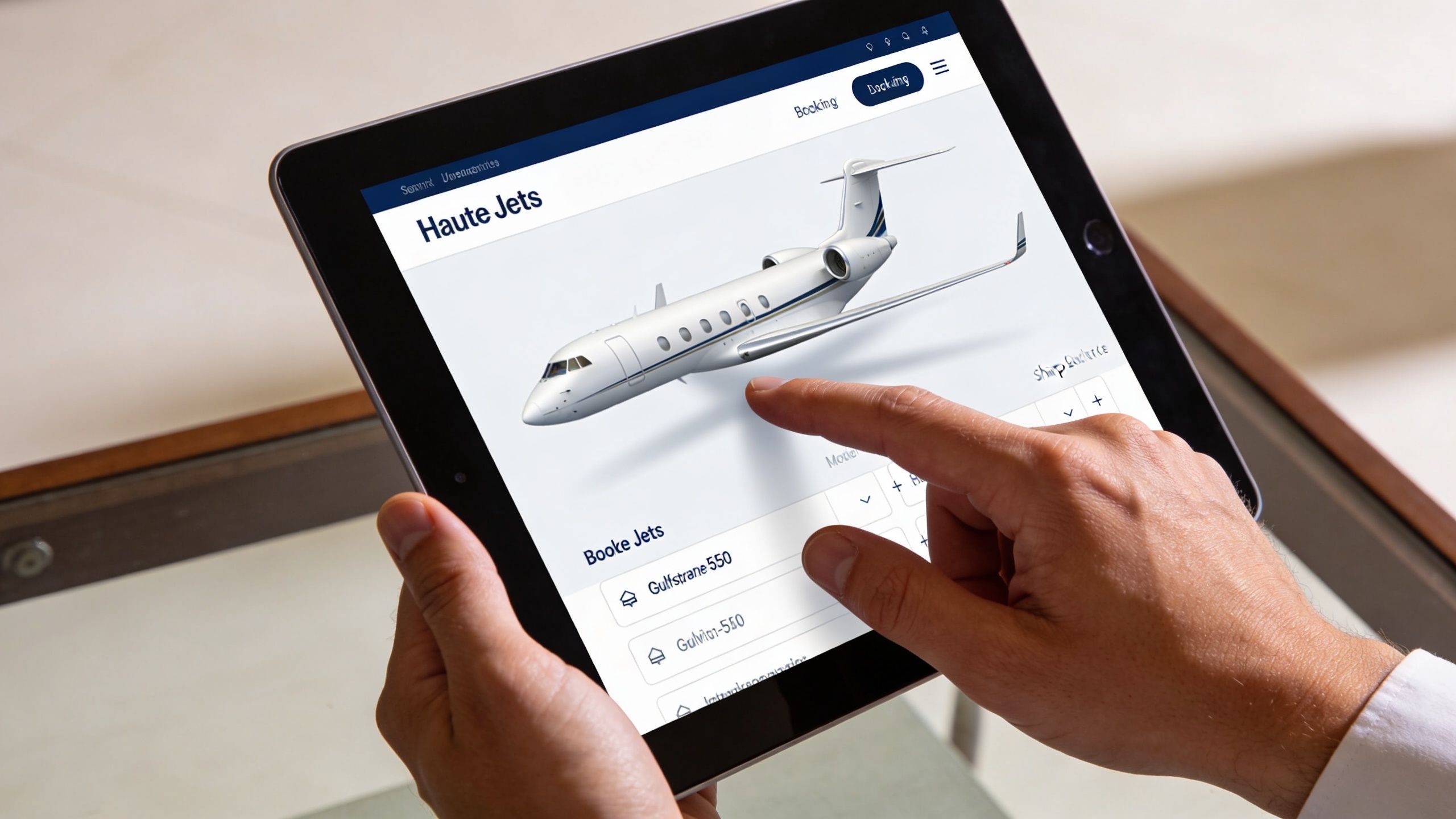 A person using a tablet to view and select private jet models on the Haute Jets website.