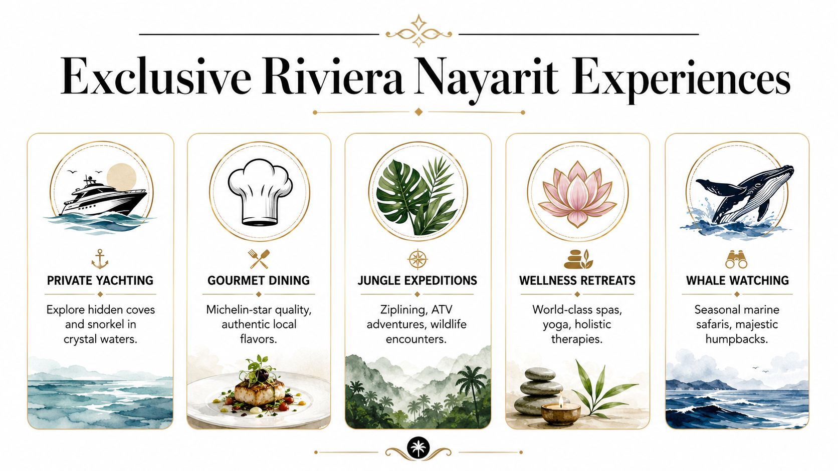 An infographic displaying five exclusive luxury vacation experiences available to travelers visiting the Riviera Nayarit, Mexico region.