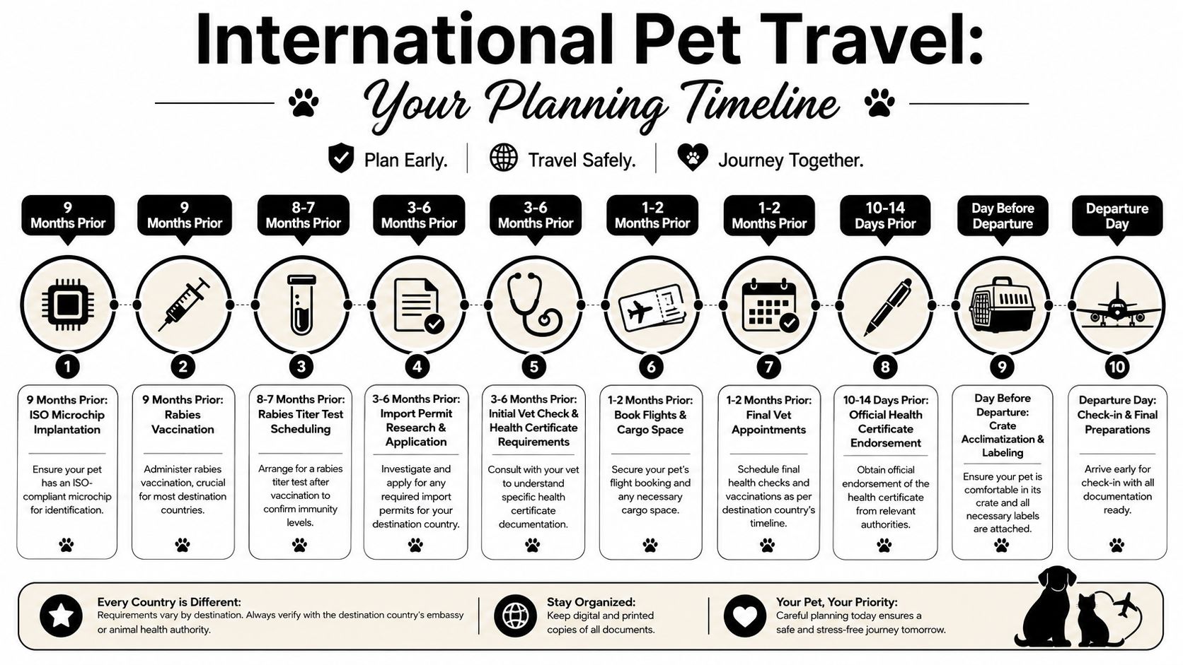An infographic detailing a ten-step timeline for preparing pets for international air travel and documentation.