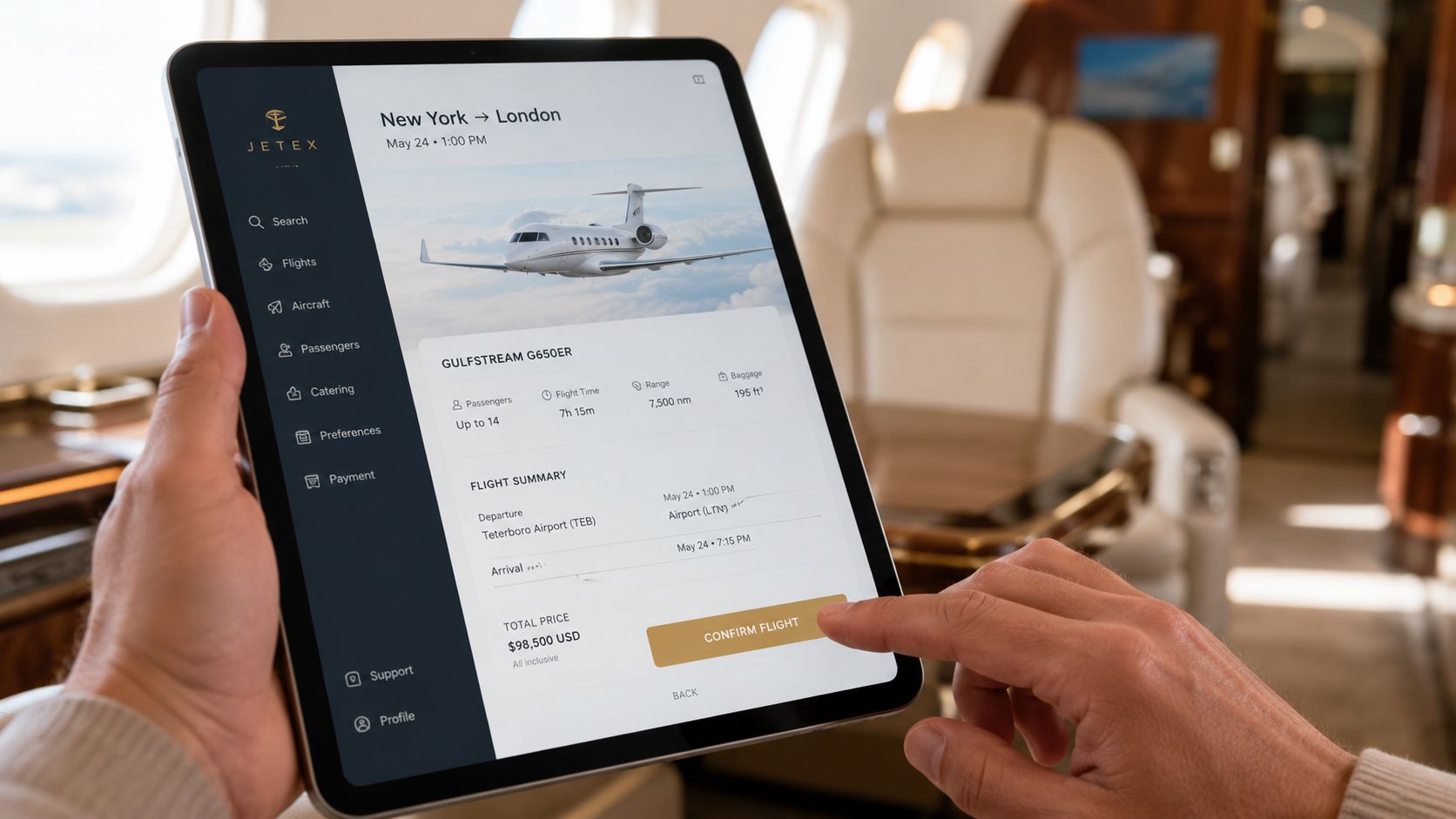 A person using a tablet to book a private jet flight from New York to London.