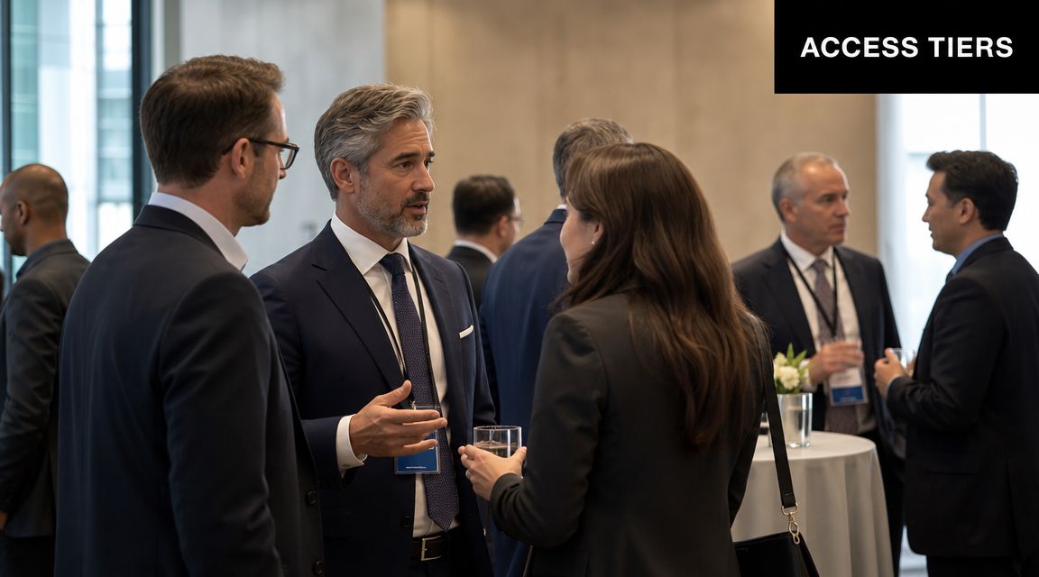 A diverse group of professionals in suits networking and conversing during a business event in a modern hall.