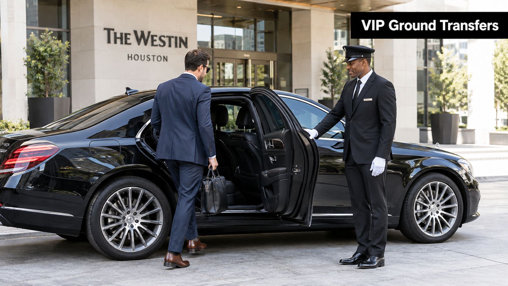 A professional chauffeur opens the car door for a business traveler at The Westin Houston hotel.