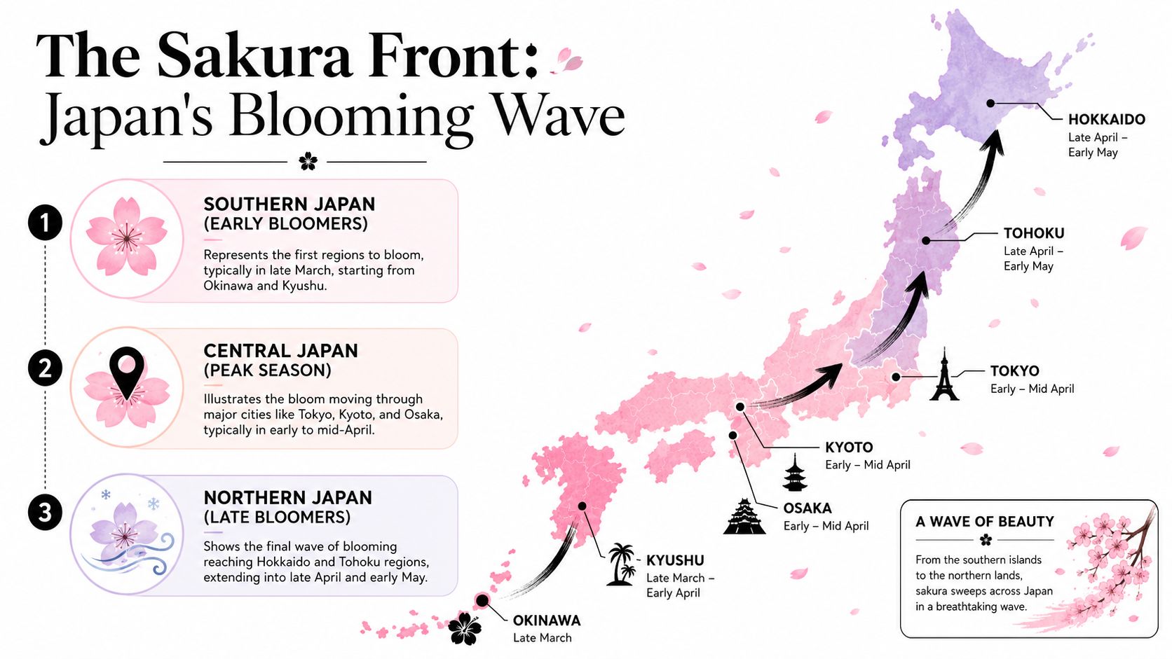 A map of Japan illustrating the chronological progression of the cherry blossom season from south to north.
