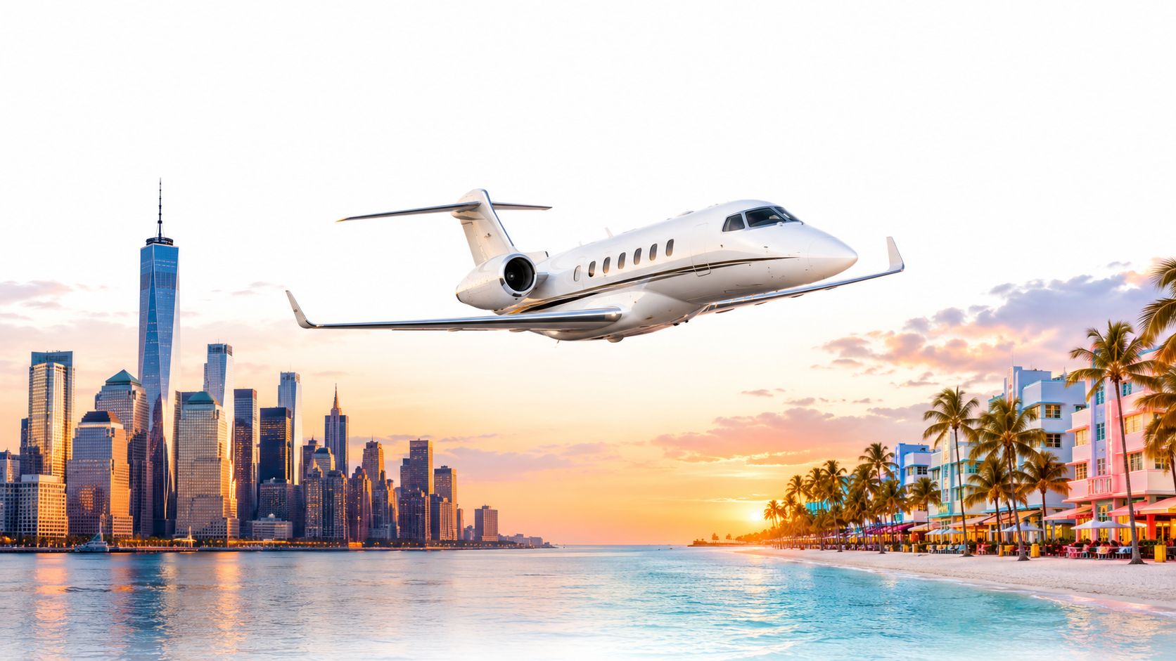 A luxurious private jet flying over a sunny tropical beach city skyline at sunset.