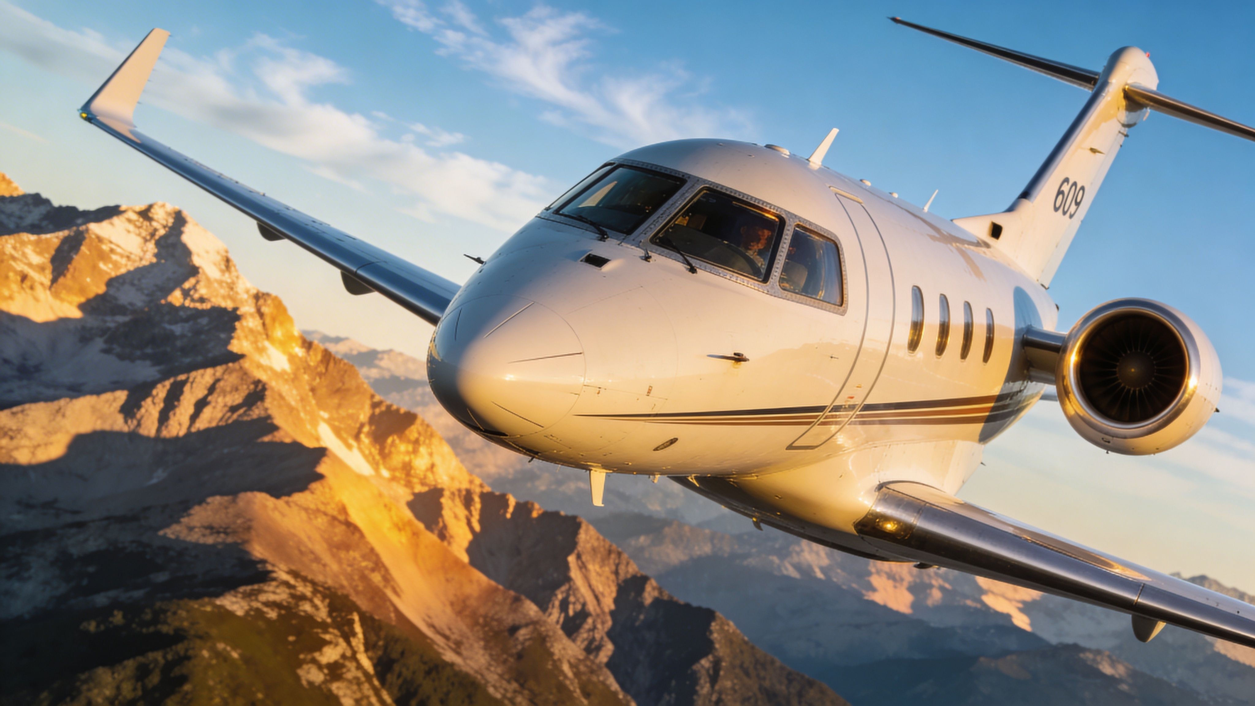 A Bombardier Challenger 601 private jet flying over rugged mountain peaks during the golden sunset hour.