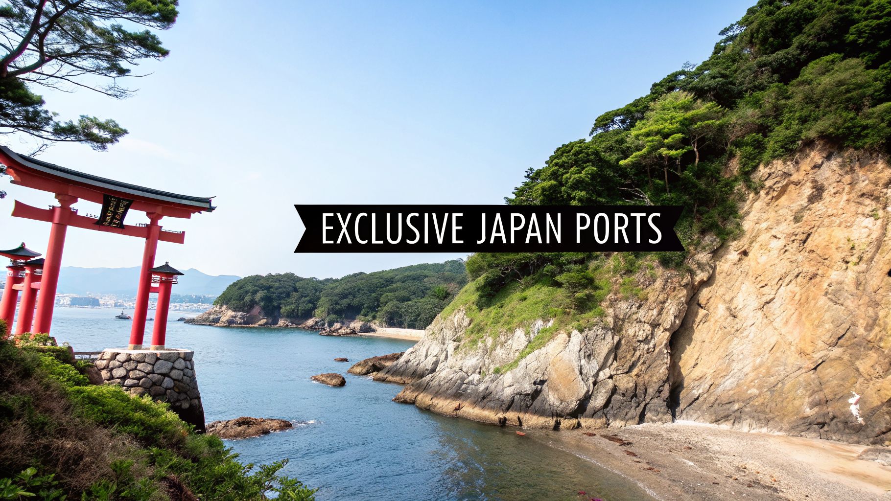 Red torii gates stand by the tranquil sea, flanked by lush green hills and a sandy beach in Japan.