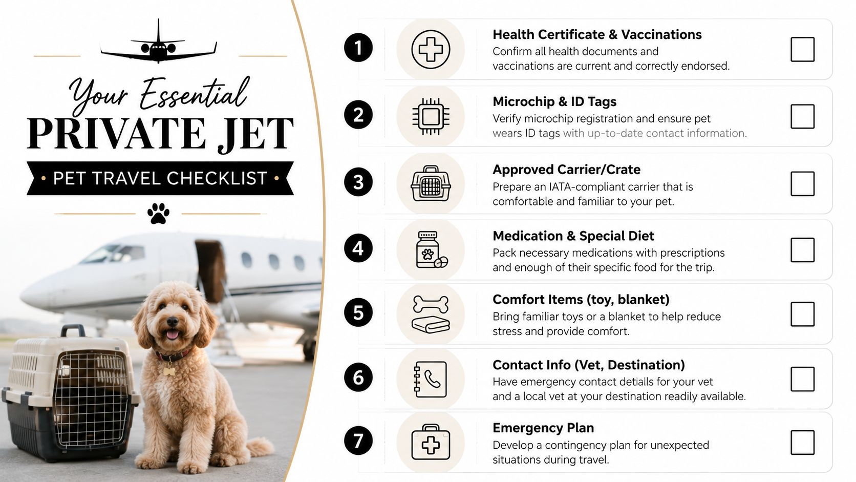 A checklist for pet travel on a private jet featuring a cute dog and travel crate.