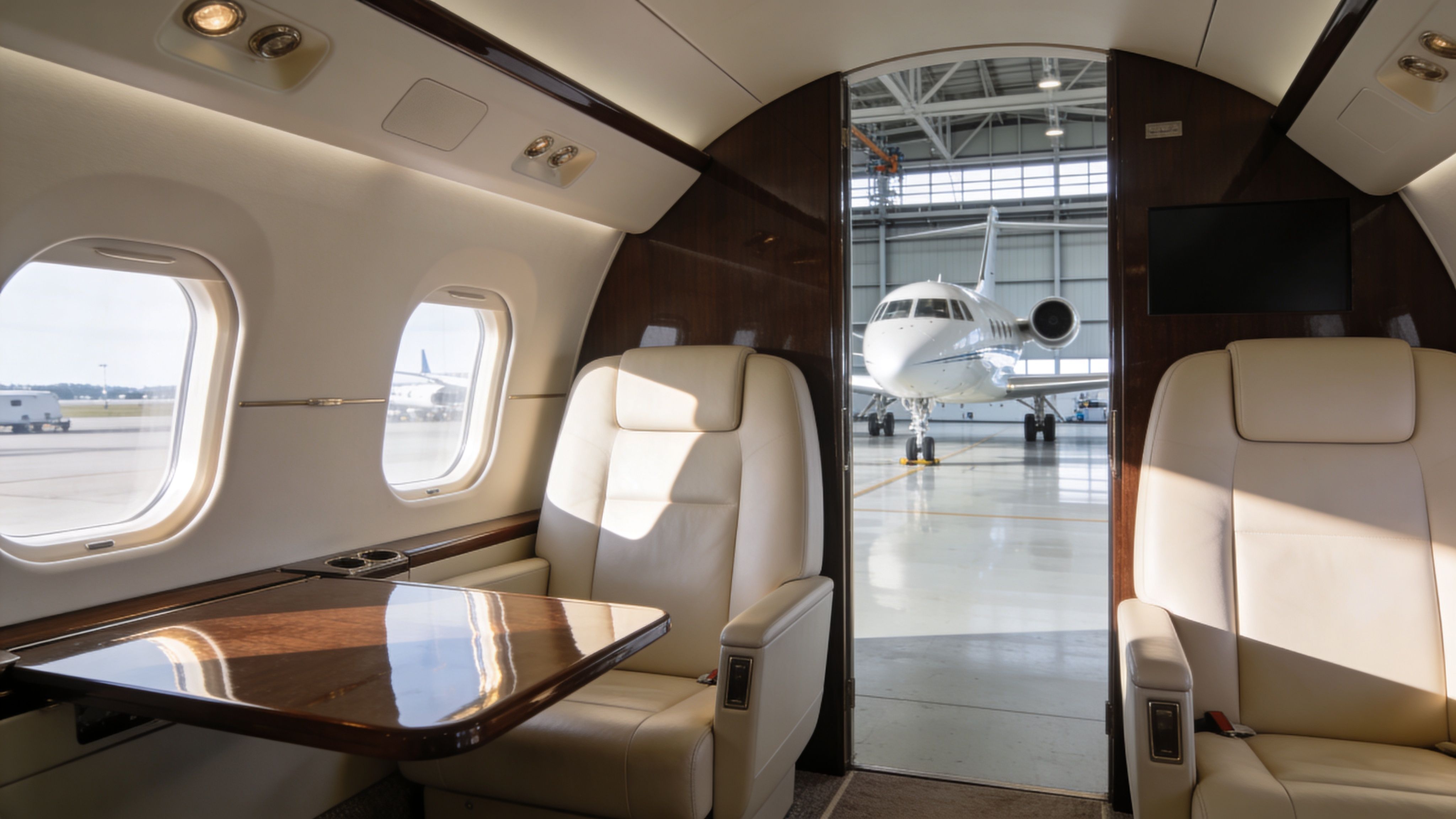 Luxurious interior view of a private jet cabin looking out into an aircraft maintenance hangar.