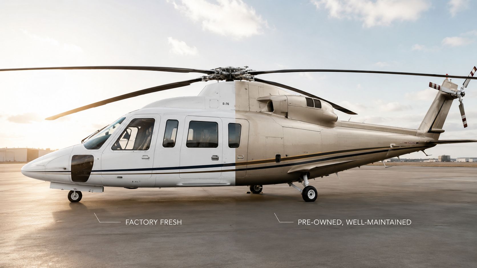 A split-screen view of a Sikorsky S-76 helicopter comparing a factory fresh white finish with a pre-owned tan one.
