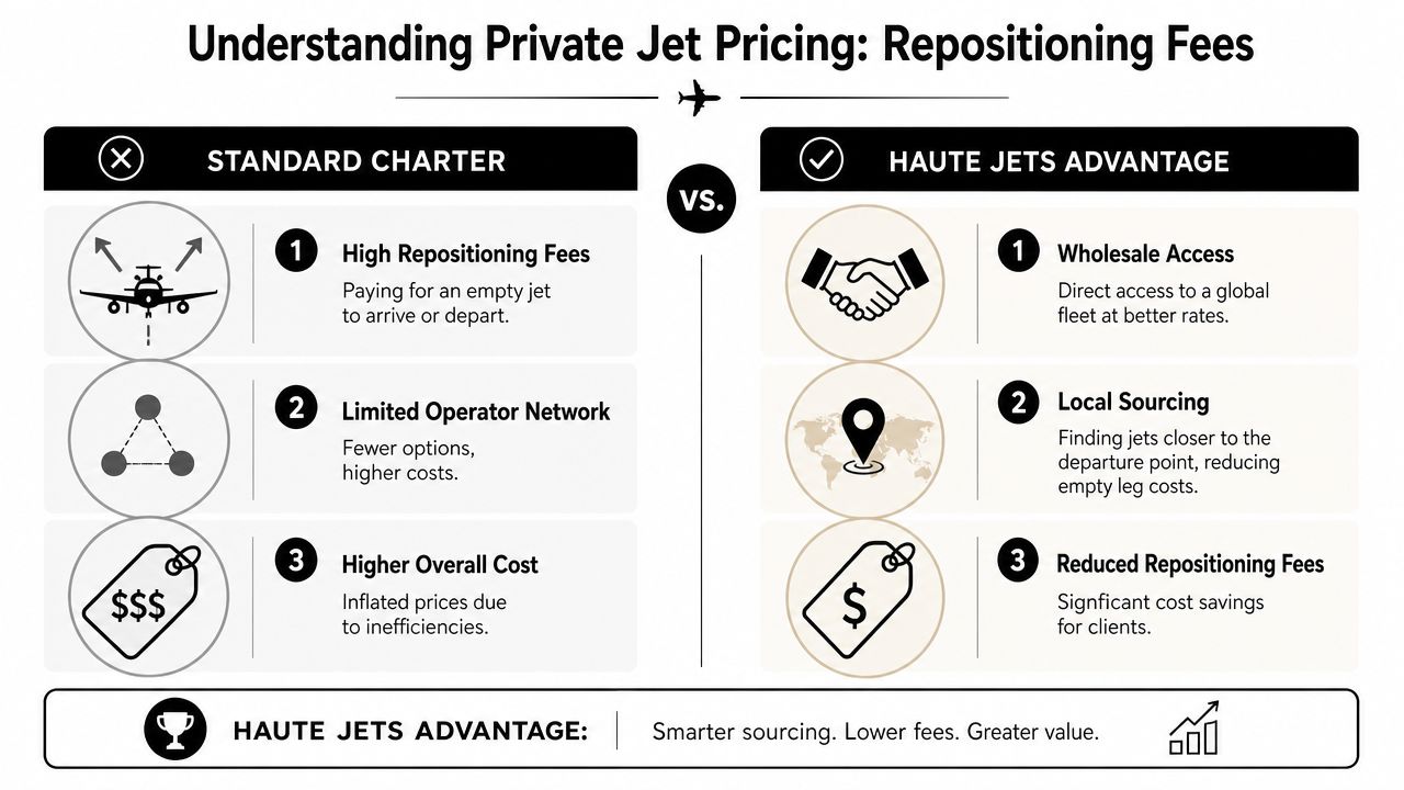 A comparison chart showing benefits of Haute Jets over standard private jet charter services for cost savings.